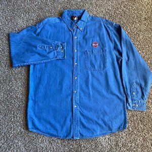 Graphic Sports Shirt Adult 2XL XXL Blue Denim Button Up Long Sleeve Logo Mens